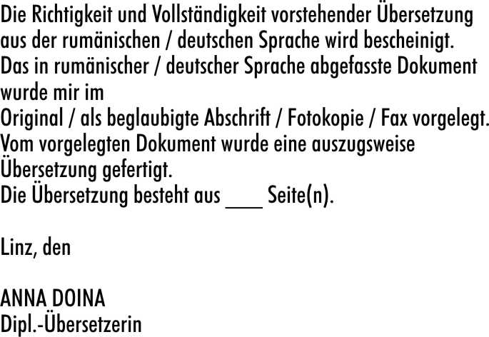Übersetzer Bestätigungsvermerk